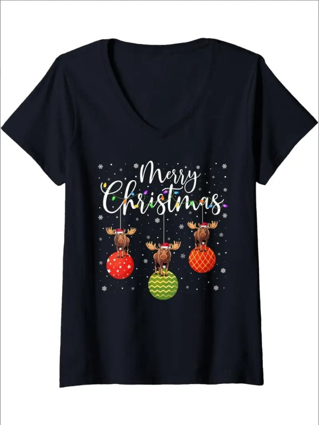 Womens Merry Christmas Lights Santa Hat Moose Ugly Xmas V-Neck T-Shirt-Womens Essen-tials T-Shirt Classic Fit T-Shirt For Women Trump T-Shirt Kamala Harris Waltz T-Shirt