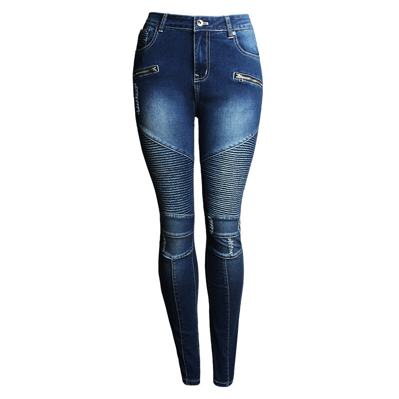 Womens Motorcycle Biker Zip Mid High Waist Stretch Skinny Jean