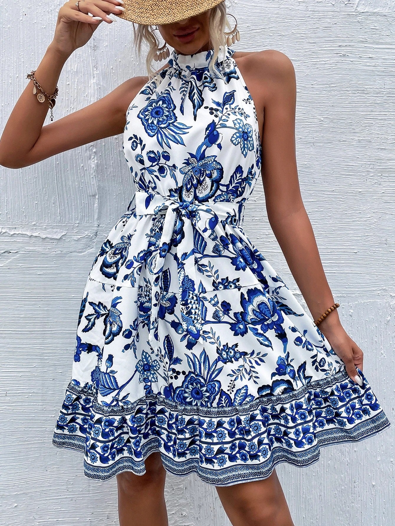 Fashion Floral Halter Waist Ladies Dress