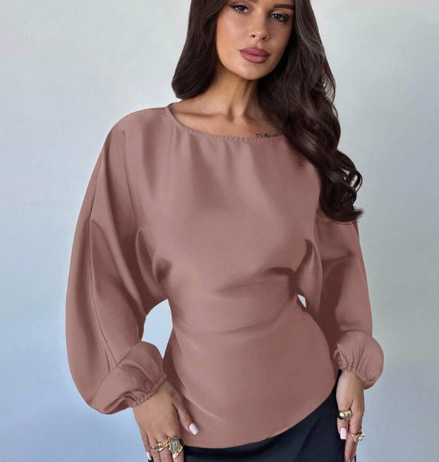 Casual Round Neck Lace-up Waist Shirt For Women