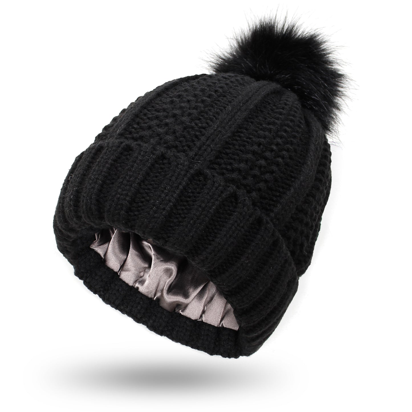 Winter Knitted Hats Fashion Stretchy Lined Skull Hats For Women Faux Fur Pom Pom Hat Keep Warming Beanie Hat