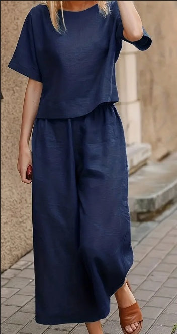 Two-Piece Set - Crew Neck T-Shirt & Wide Leg Pants Outfit