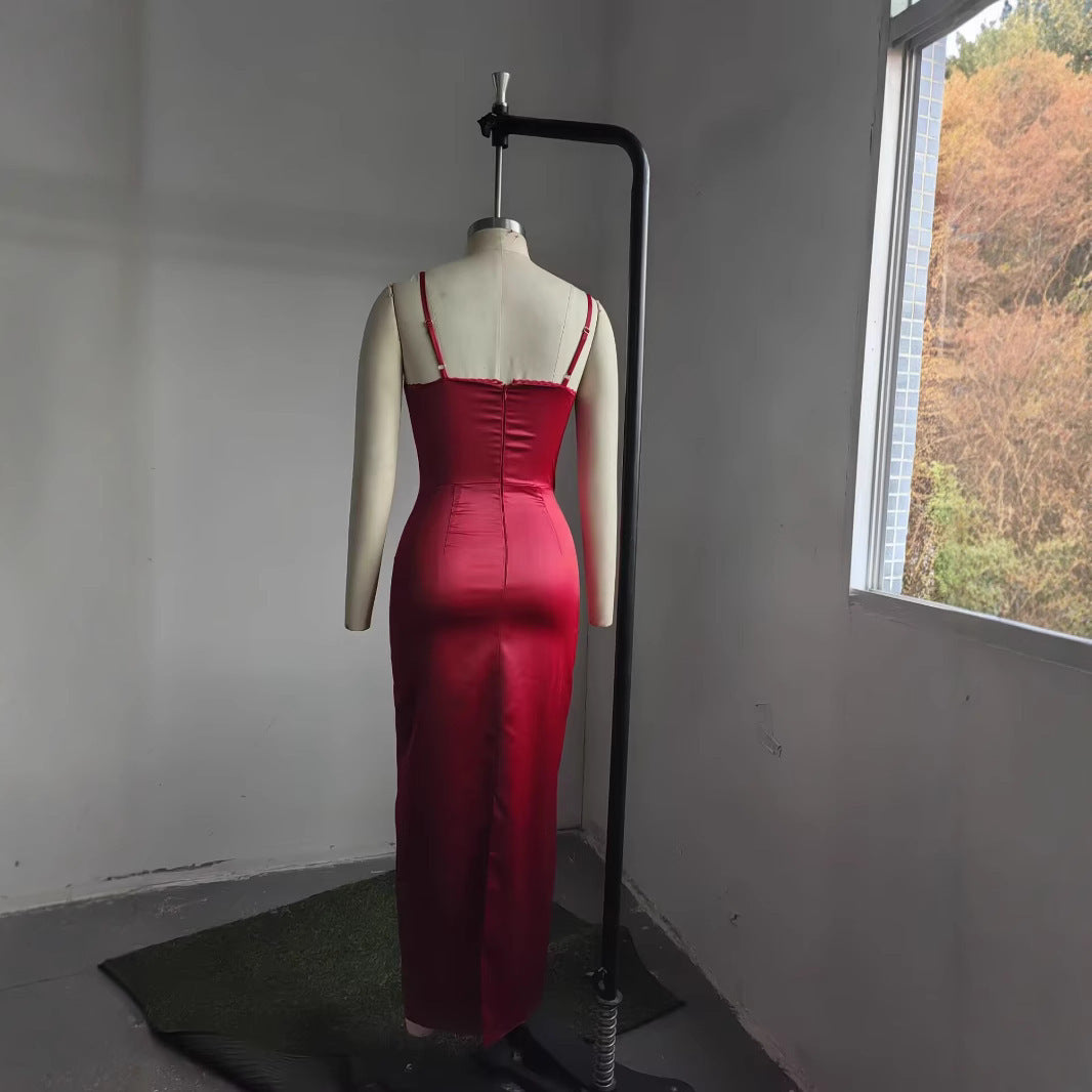 Ladies New Camisole Wine Red Evening Dress